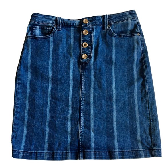 Velvet Heart Striped Blue Denim Pencil Skirt with Button Front Size 29 - Picture 1 of 5
